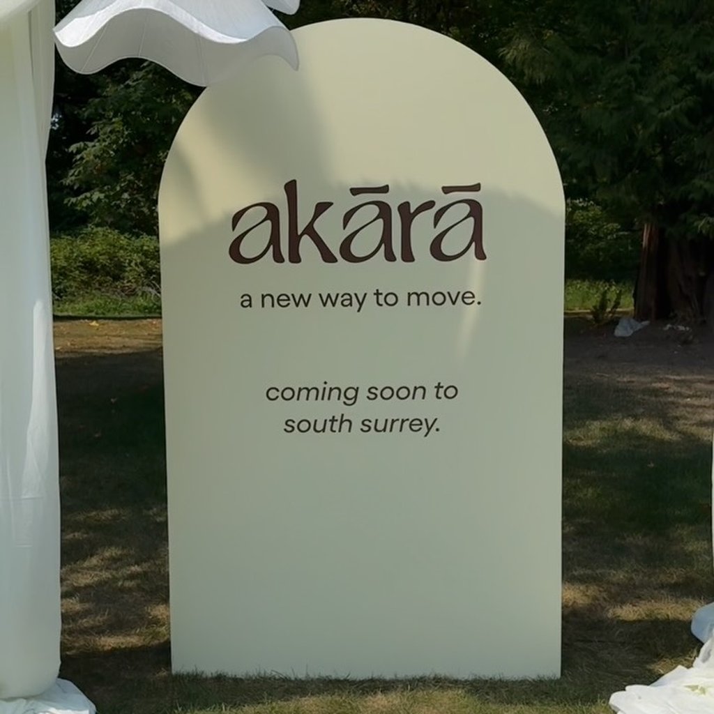 Akārā-fest 2026 sign with draped canopy — a new way to move, coming soon to South Surrey