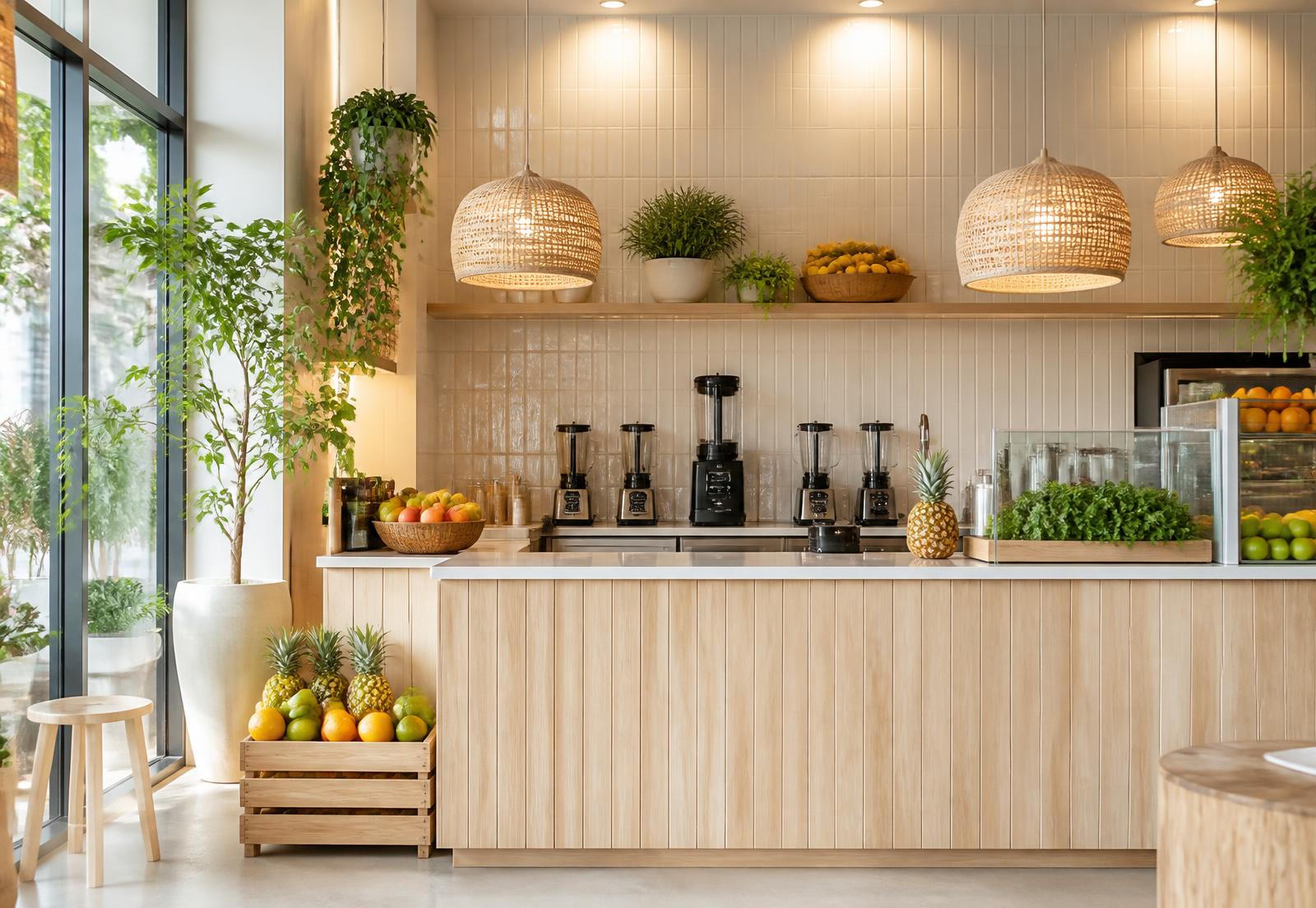 The bright interior of Krave Health Hub with fresh fruit and blenders on the counter